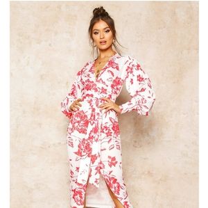 Red Floral Print Plunge Tie Waist Midi Party Dress